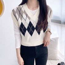 헤이린 여성 다이아 체크 크롭 니트 베스트 GG