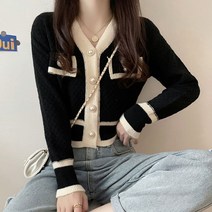배색 라인 카디건 보석 단추 슬림핏 크롭기장 캐주얼