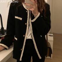 JUST FEEL!NG 가을 겨울 트위드자켓 여성 루즈핏 스쿨룩 싱글 버튼 라운드넥 캐주얼 하프 코트 점퍼