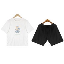 코지 여자 남녀공용 자전거타는 곰돌이 반팔 반바지 세트
