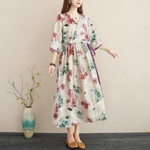 핑크 빅 플라워 린넨 스트링 원피스 여 품 모시라이크 브이넥 프린트 미디엄
