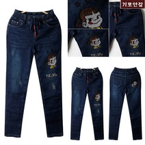 애니진 여성 기모 캐릭터 자수 배기진 스판 데님팬츠 밴딩 청바지 HH0337