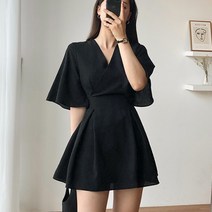 [랜덤플레이] 하객룩 브이넥 주름 A라인 반팔 원피스