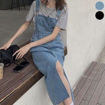 0 velys 편안한 캐주얼룩 앞트임 데님 멜빵 스커트 CSO1133