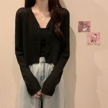 가디건니트코트 여성 얇은 핏아우터 여름 2023 긴 소매 브이넥 상의 고퀄리티 감각 블랙 4998697157