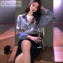 [Kingfishe]여성 루즈핏 빈티지 셔츠 글로시 블라우스 Kingfishe ZZ528NQ01