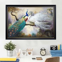 부귀와 화목의 상징 순백색 청록색 공작 부부 보석십자수 집들이 신혼 선물용 큐빅 AB 비즈, 120X80cm