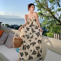 비치원피스 휴양지원피스 프랑스 스타일 레트로 장미 꽃 슬링 비치 스커트 여성 여름 슬리밍 해변 휴가 드