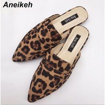 Aneikeh-새로운 여름 플랫 노새 레이디 발편한 스트랩 샌들 슬리퍼 레오파드 프린트 슬립 온 포인트 발가락 여성 야외 신발 슬라이드