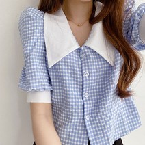 입꼬 퍼프소매 빅카라 체크 반팔 블라우스3color(초상권및상표권특허)