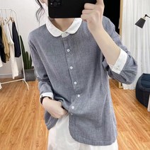 WZC 봄가을 여성 체크 셔츠 남방 카라 긴팔 숏상의 빅사이즈 데일리 캐주얼