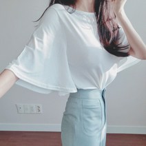 나날샵 팔뚝살 완벽커버! 예쁜 7부 프릴소매 프릴티셔츠 반팔티 여성티셔츠 블라우스 셔츠 스판티