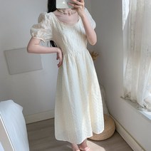 잇츠스타일 스퀘어넥 반짝이 연노랑 퍼프 A라인 롱원피스