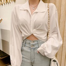 다미님 [3컬러] 크롭 블라우스 스트링 허리 리본 스트랩 오버핏 빅사이즈 실크 셔츠 카라 브이넥 랩 셔링 프릴 언발 트임 면접 정장 니트 하객룩 결혼식 린넨 골지 발디-블라우스