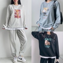 [이울]봄 가을 여성 긴팔 조거 맨투맨 곰탱이 레터링 프린팅 츄리닝 홈웨어 운동복 트레이닝복 투피스 세트