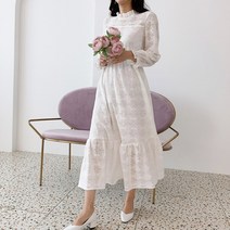 바이퀸즈 스몰웨딩 레이스 넥프릴 밑단프릴 드레스 원피스