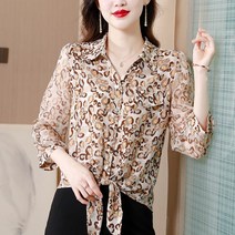 빅사이즈 엄마 셔츠 쉬폰 레오파드 5부 블라우스