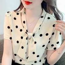 오프숄더블라우스 휴양지 비치 올오버레이긴팔프린트쉬폰블라우스여봄여름2023 디자인느낌상의 살구색도트 S80-95근