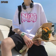DFMEI 반팔 티셔츠 남 루즈핏 레터링 프린트 상의