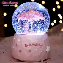 판타지 벚꽃 크리스탈 볼 뮤직 박스 눈송이 천사 춤 소녀 회전 야간 조명 생일 선물, 브라운 블루 음악 조명 눈