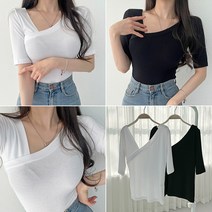 110까지 빅사이즈 슬림핏 찰랑 언발 사선 브이넥 골지 반팔티셔츠(168)데일리 캐주얼 페미닌 여리핏 썸머룩 스판티 봄 여름 가을 국내제작