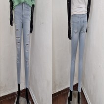 여름 빈티지 칼구제 찢청 디스트로이드 스판 9부 연청스키니 청바지 데님팬츠