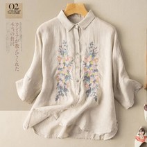 봄 빅 플러스 사이즈 3/4 소매 코튼 린넨 셔츠 여성 플러스 사이즈 봄 여름 새로운 문학 복고풍 자수 느슨