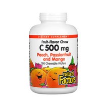 Natural Factors 비타민C 과일맛 500mg 180정 츄어블 아스코르빈산 아스코르브산 소듐 아스코르빈산나트륨 헤스페리딘 로즈힙 루틴, 1개, 180개