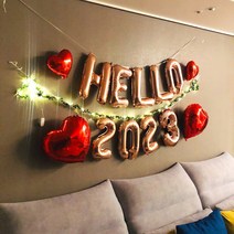 연말파티 풍선 세트 HELLO 2023 6종 나뭇잎 가랜드 조명포함 신년 새해 파티용품, HELLO 로즈골드, 2023 실버
