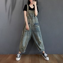 WH-NJP 여성 데님 멜빵 팬츠 뉴 와이드 빅 사이즈 데미지 구제 데님 오버롤 팬츠 DMC89