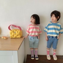 [랑] 키즈 남매커플룩 단가라티 청바지세트 ( 100호~130호 핑크 블루 ) 여름 상하복 청바지 반바지 남매룩 쌍둥이룩