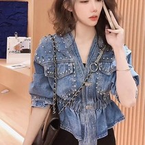 반짝이 스팽글 자켓 가을 봄 자르기 트렌드 라인 석 카우걸 겨울 데님 여성용 진 코트