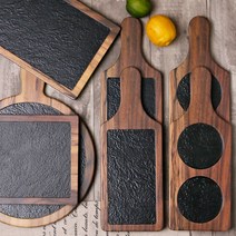 카페 우드 스톤 멜라민 브레드 디저트 빵 케이크 트레이 손잡이 접시 그릇, 7-원목 플레이팅 사각접시 대