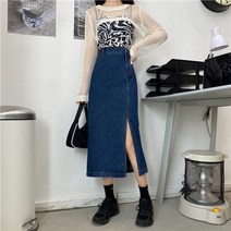 청치마 롱청치마 청치마코디 스커트 여성 시크 하이 웨이스트 빈티지 하라주쿠 사이드 슬릿
