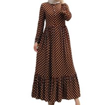 여자 무슬림 랜턴 슬리브 맥시 긴 스윙 드레스 폴카 도트 프린트 버튼 주름 잡힌 주름 고리 kaftan abaya hijab 이슬람 의류
