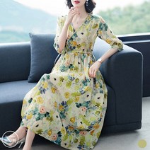 도오빠 여성 원피스 랩스커트 V넥 미시 쉬폰 빅사이즈 XL 미시 30대 40대 50대 캐주얼 여름 데일리룩 맘룩 엄마옷 꽃무늬