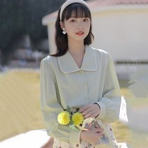한국계 봄 컬러 카라 스위트 걸스 긴팔 셔츠 여 빈티지 시크 탑
