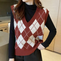 베러댓걸 여성용 가을 브이넥 깊은 브이넥 아가일체크 니트 조끼