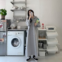 여자 편안한 집순이 박시핏 슬릿 자수 후드 원피스