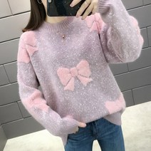여성 루즈핏 리본 패턴 반짝이 니트