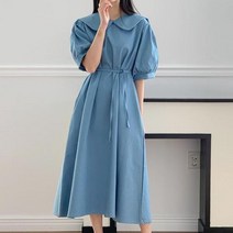 봉시스터즈 둥근카라청반팔롱원피스 청원피스 청반팔원피스 롱원피스 카라원피스 퍼프소매 데이트룩