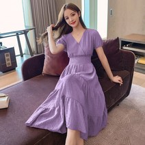 소프트스타일 작은 키 프렌치 브이넥 롱 타입 벌룬소매 쉬폰 빨간색원피스 여성 여름 2022