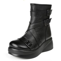 TZQW 흠광지성 여옥스퍼드 겨울 기모 캐주얼 웨지 부츠 진가죽 통굽 미들부츠3-5CM