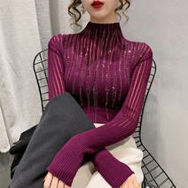 사사로이 여성 티셔츠 니트 니트티 폴라니트티 큐빅장식 슬림핏 긴소매니트티 화려한니트티 패션니트티 요즘 트렌드 신상니트 봄가을