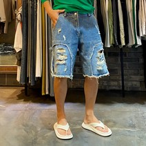 어썸블랑 구제 컷팅 찢어진 청반바지 밴딩데님팬츠