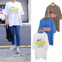 핑크홀릭 스위트 캔디 트임 레터링 라운드 루즈핏 롱티 반팔 티셔츠