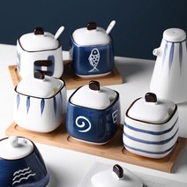 블루도자기 3단양념통 일본가정식 레스토랑 시치미 양념장용기 식당 주방 밀폐 향신료통 종지, 단일사이즈, 대나무부채물고기단풍나무(목재포함)