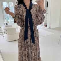 쥬쥬렐라 배색 타이 페이즐리 플리츠 주름 롱 원피스 2컬러