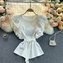 민소매프릴블라우스 봄 여름 보이핏 볼륨 상의 라운드넥 페플럼 스트랩 숏 허리를 드러내다 실크블라우스 2206593372
