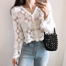 요시아나 [당일발송] 내추럴무드 화이트 플라워 뜨개 펀칭 가디건